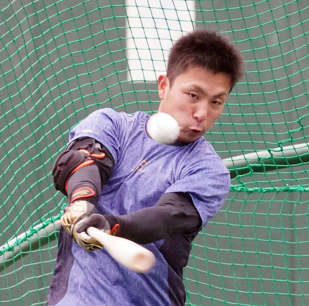 自主トレで打撃フォームを確認する巨人平間（撮影・加藤諒）