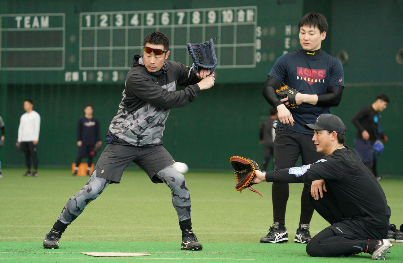 自主トレでブルペン入りした巨人菅野の投球を受ける、左から亀井、丸、小林（撮影・加藤諒）