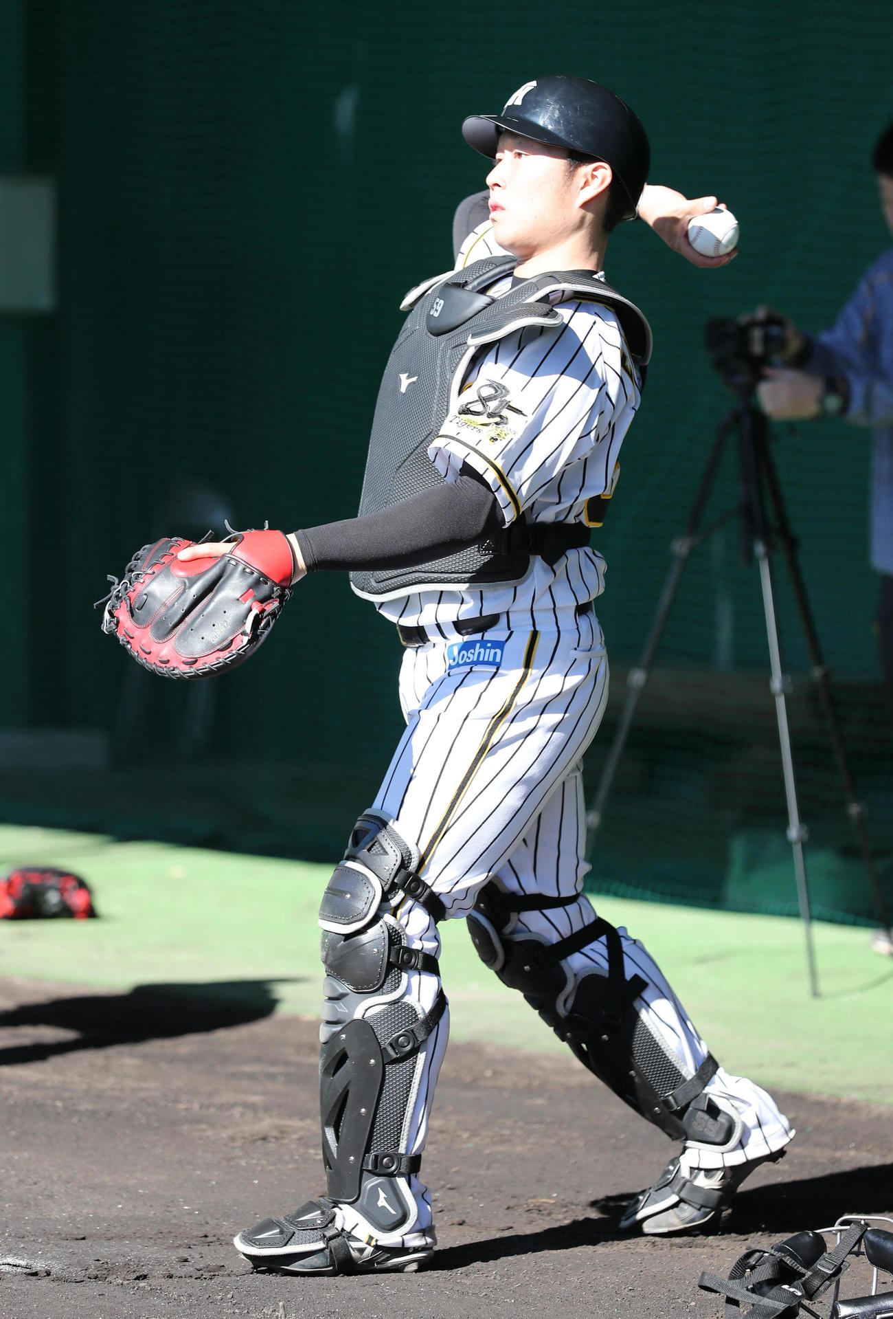 ブルペンで球を受ける藤田健斗（撮影・清水貴仁）