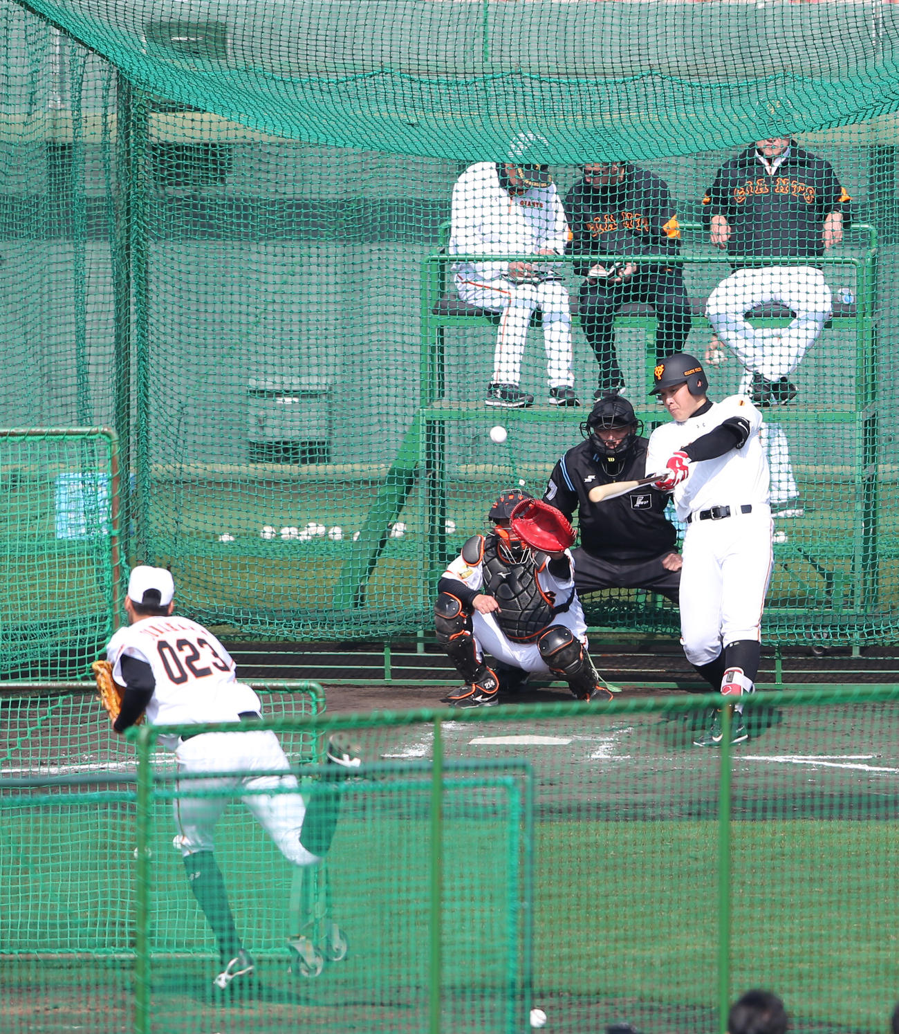 打撃練習で与那原と対戦した岡本（撮影・河野匠）