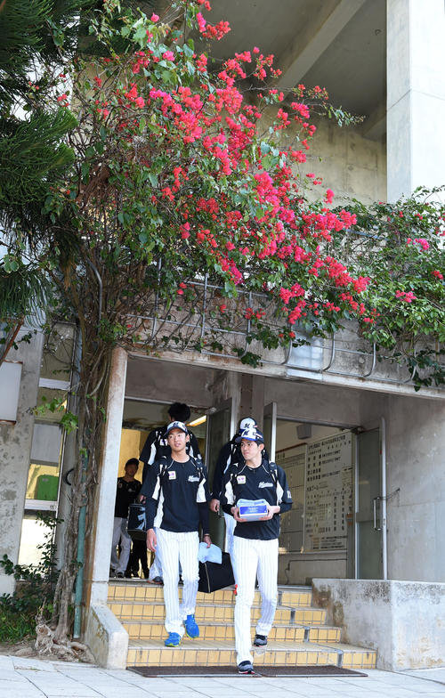 色鮮やかな花を背に球場へ向かうロッテ佐々木朗(右)(撮影・横山健太)