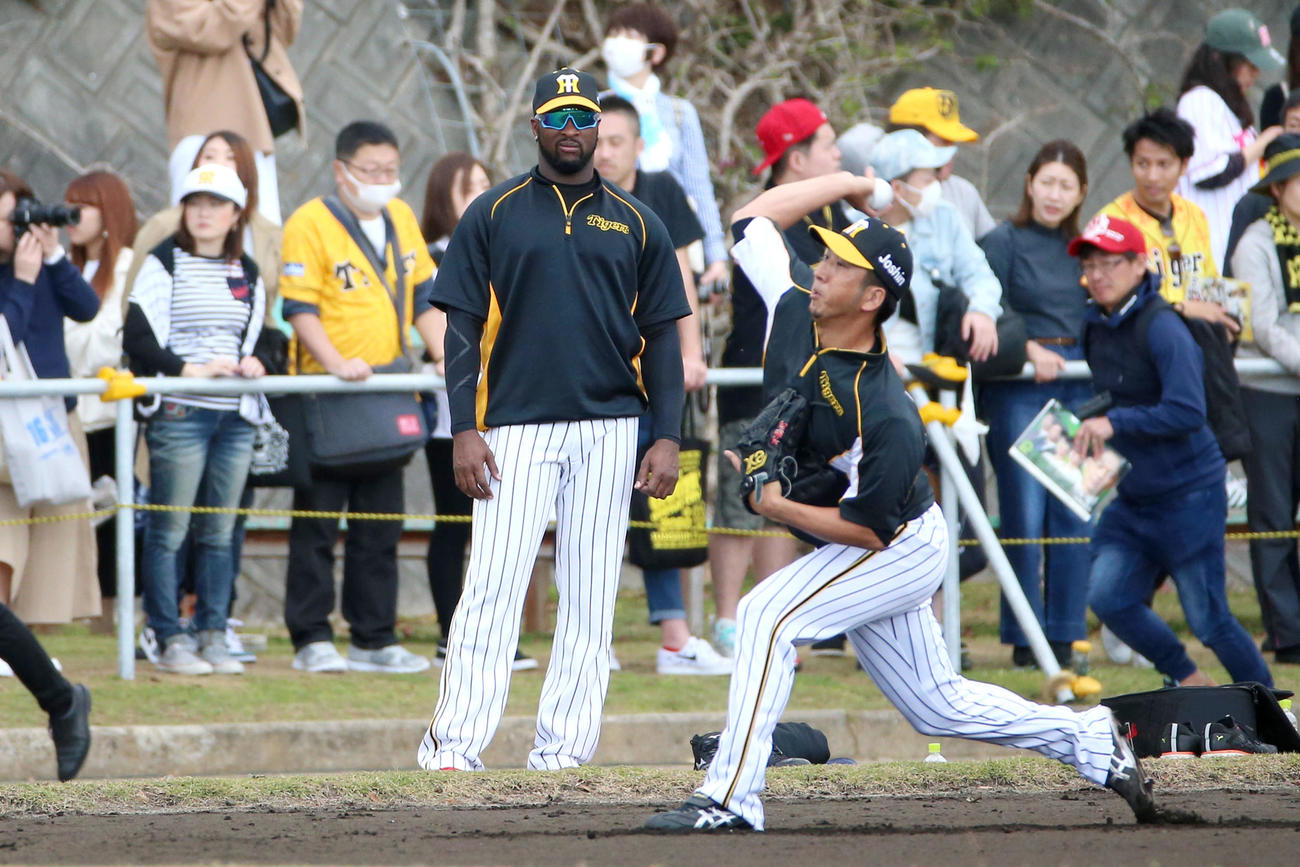 大勢のファンの前でキャッチボールする藤川、左はガルシア（撮影・上山淳一）