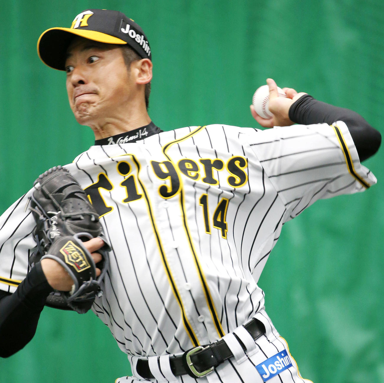 ブルペンで力強く投げ込む阪神能見（撮影・上山淳一）