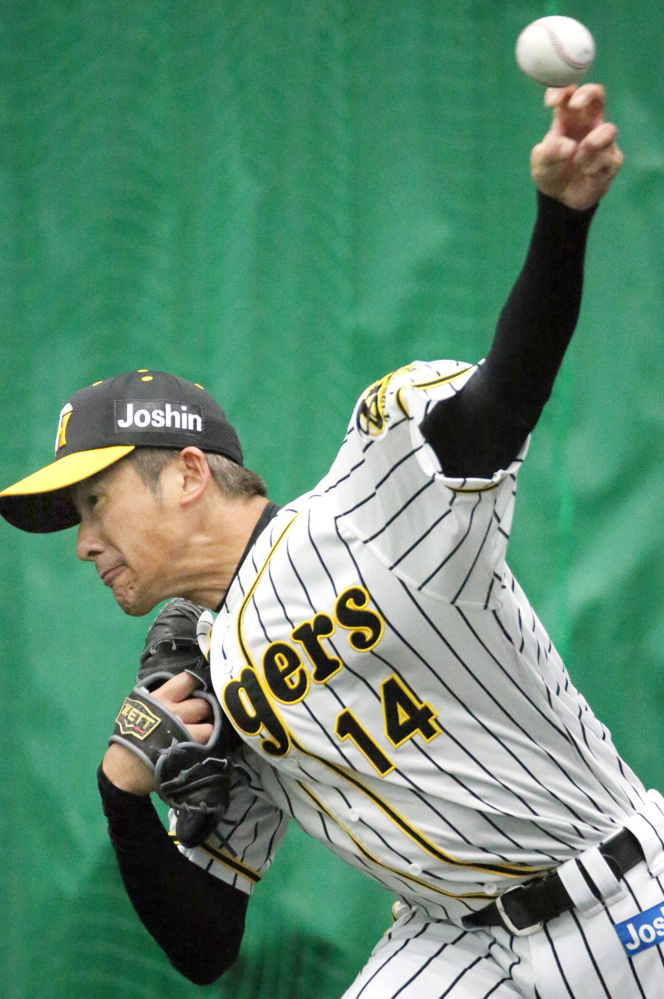 ブルペンで力強く投げ込む阪神能見（撮影・上山淳一）