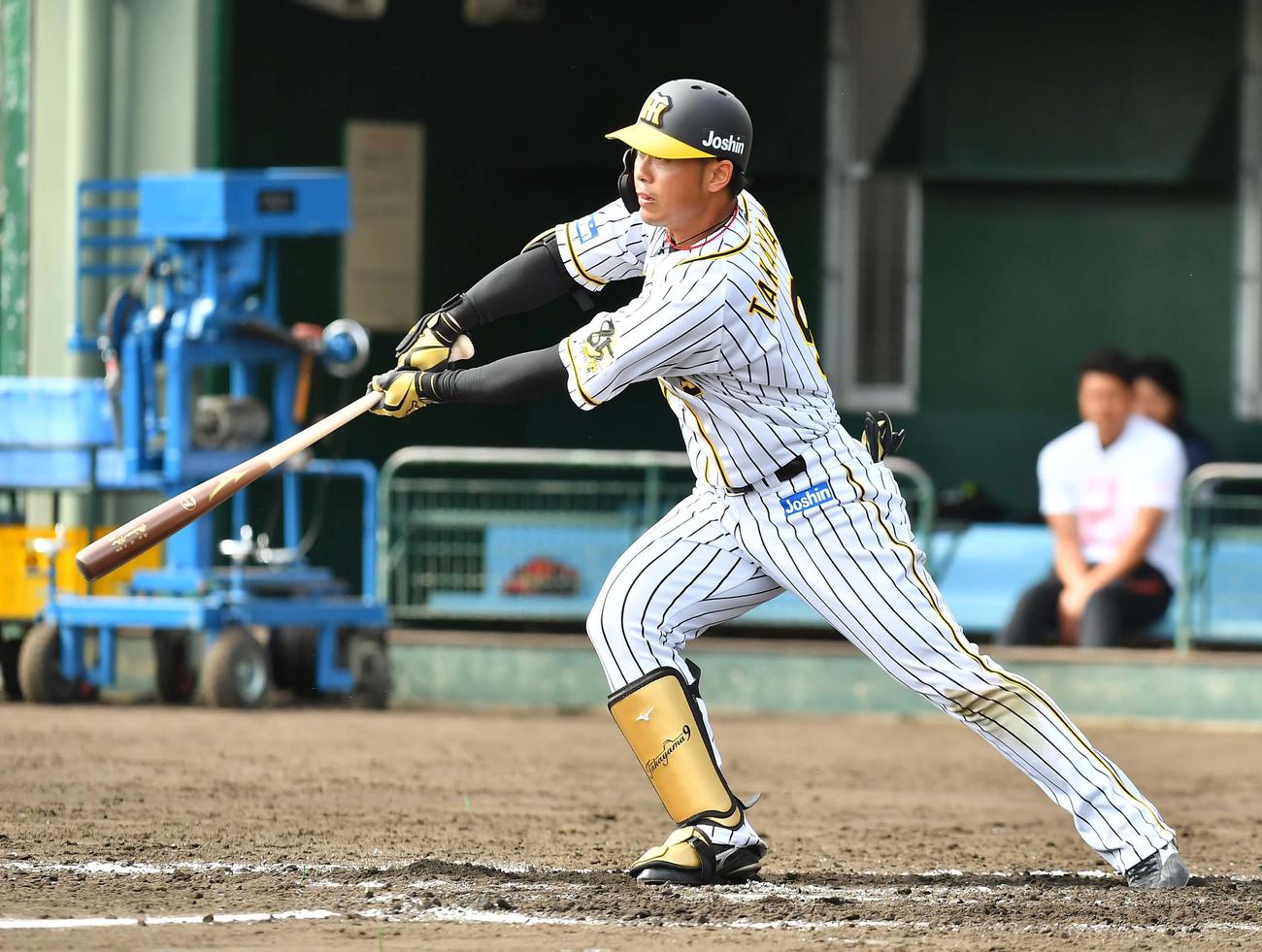 シート打撃で馬場皐輔から左前安打を放つ高山俊（撮影・上田博志）
