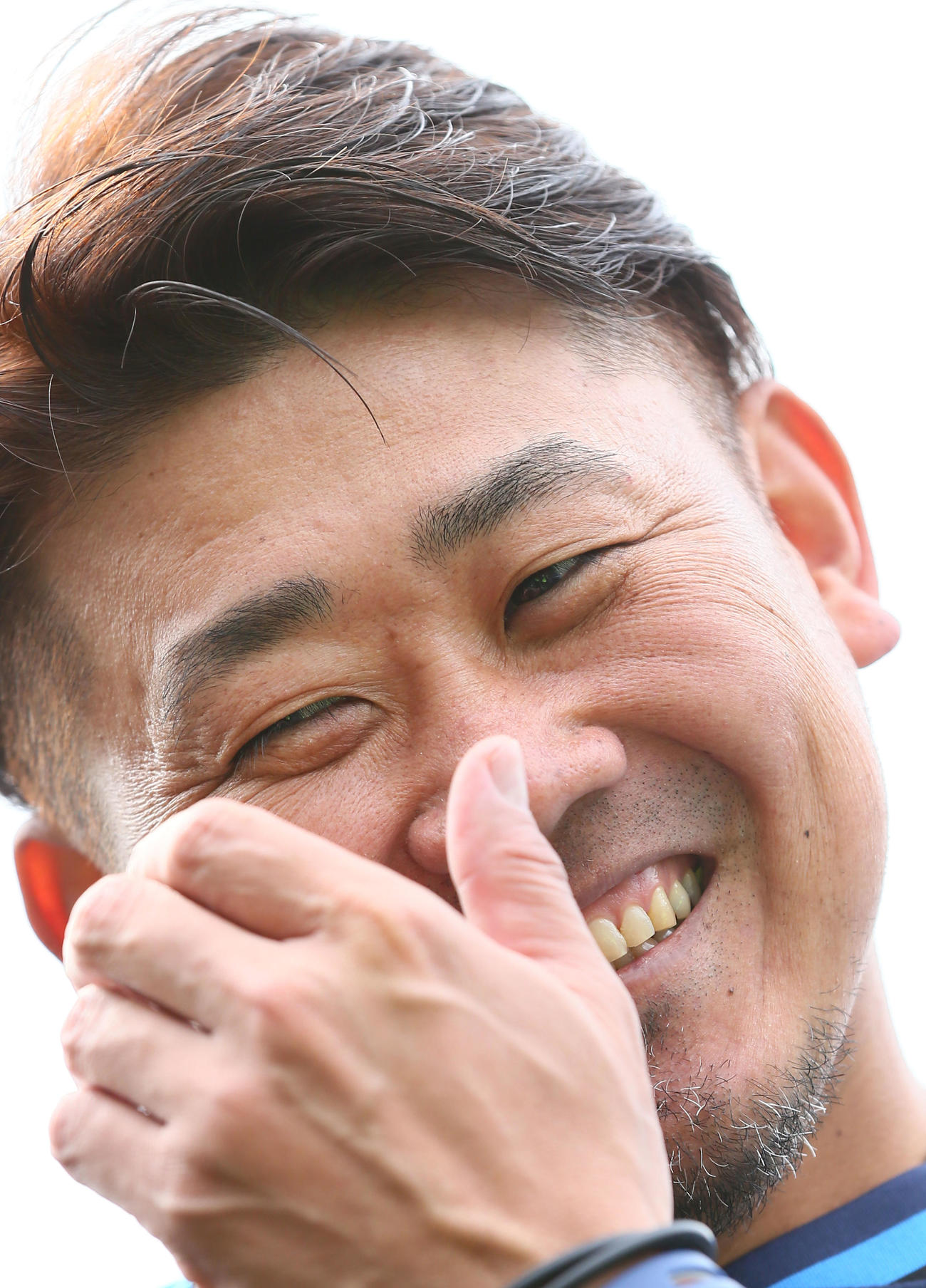 西武松坂投手の笑顔。思いっきり笑う姿にキャンプでの充実ぶりを感じました（撮影・足立雅史）