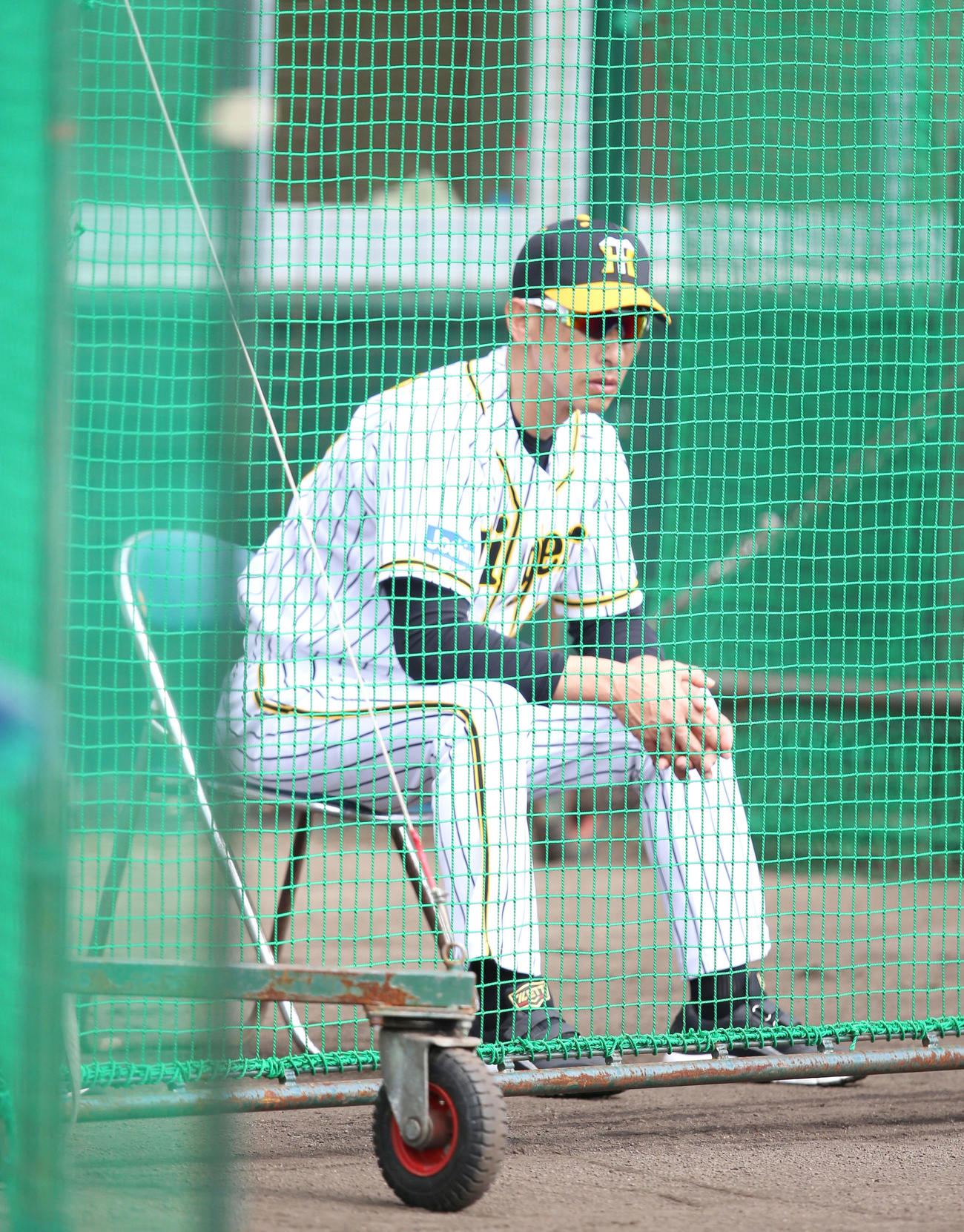 シート打撃をネット裏で見る矢野監督（撮影・上山淳一）