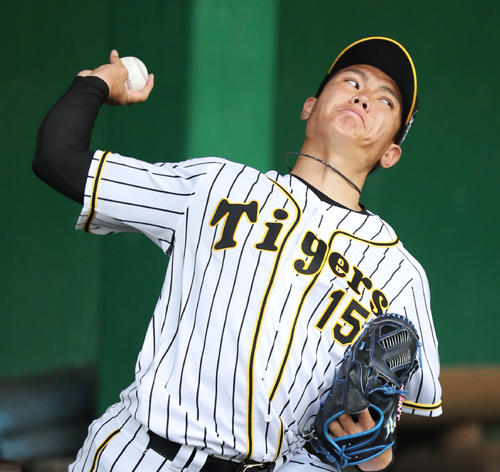 初めてブルペンに入り投球練習を行う阪神西純矢（撮影・清水貴仁）