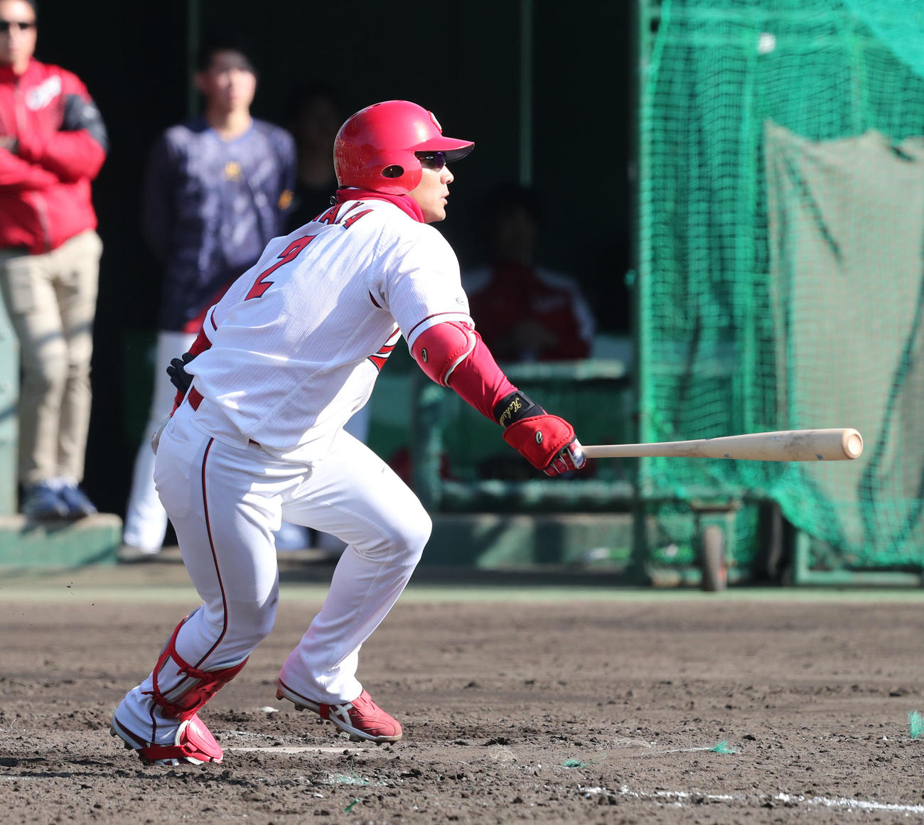 シート打撃で左前安打を放つ田中（撮影・梅根麻紀）