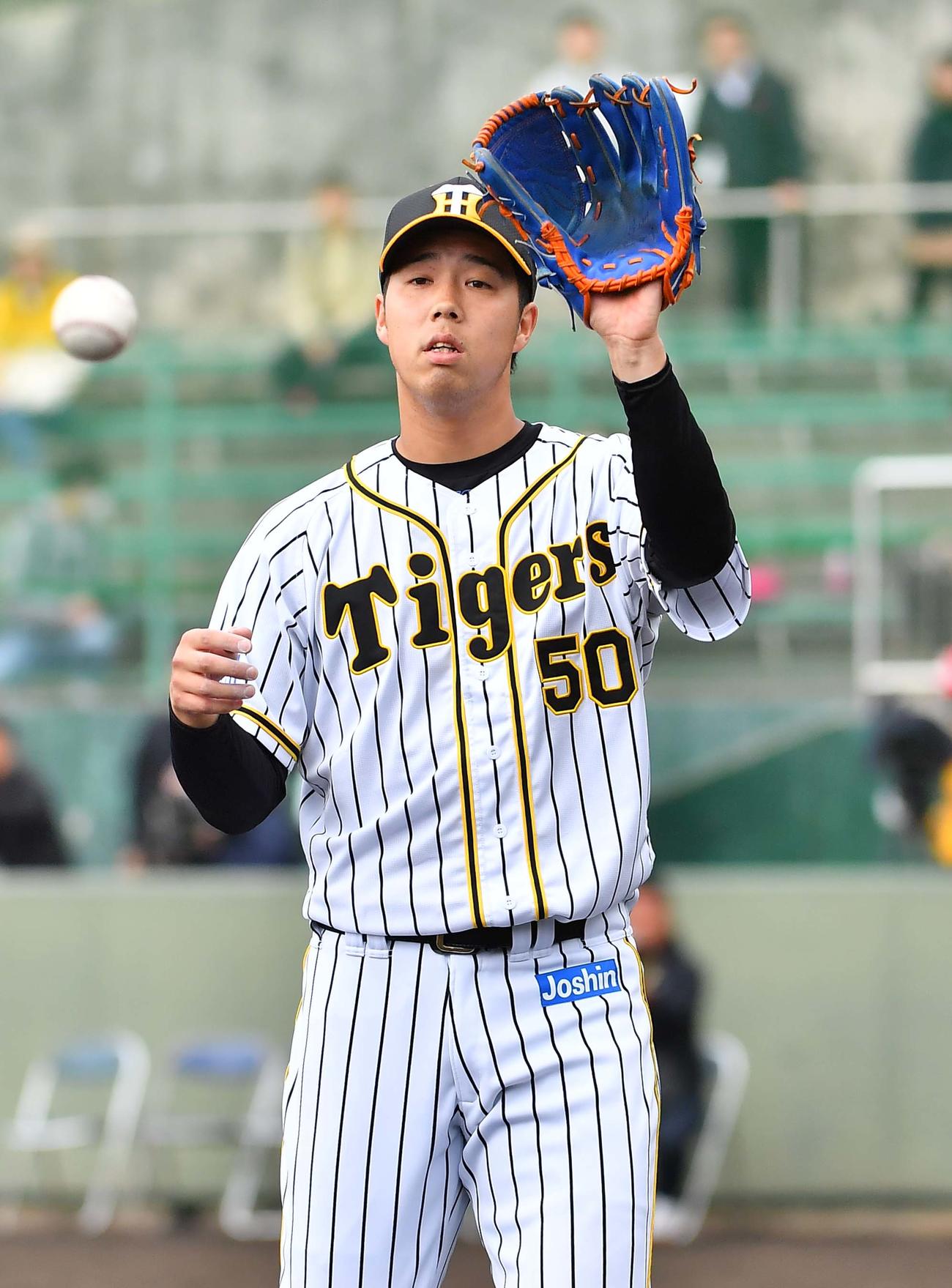 ケース打撃で登板した阪神青柳晃洋（撮影・上田博志）