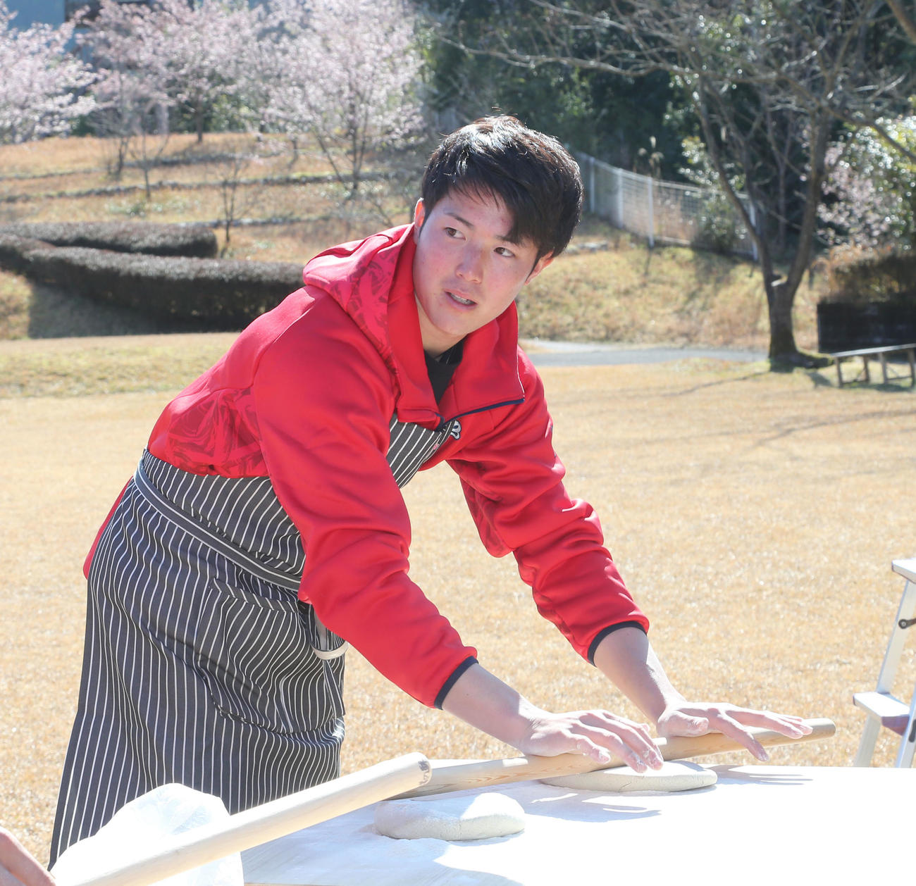 そば打ちを体験する森下暢仁、めん棒で生地を丁寧に伸ばす（撮影・梅根麻紀）