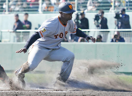 巨人宮崎キャンプ紅白戦　紅組対白組　5回表紅組1死一、三塁、三塁走者モタは岸田行倫の右犠飛で本塁に滑り込み逆転の生還。巻き上がった土煙の中立ち上がる姿は、サーファーが波を乗りこなしているよう。レギュラー獲得に向けて幾多の荒波を乗り越えてもらいたい期待の新戦力です（撮影・加藤諒）