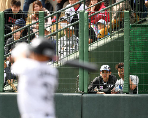 練習試合　ロッテ対楽天モンキーズ　ベンチ横から試合を見学するロッテ佐々木朗（左）。右は種市（撮影・横山健太）