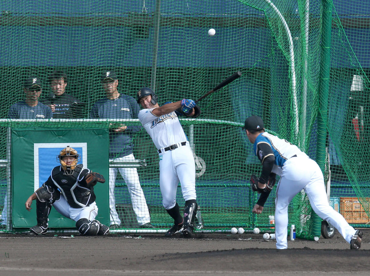 斎藤（右）を相手に打撃練習する日本ハム大田（撮影・黒川智章）