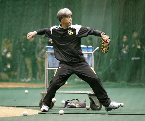 室内練習場で、早出組の打撃投手を務める城島健司球団会長付特別アドバイザー（撮影・菊川光一）