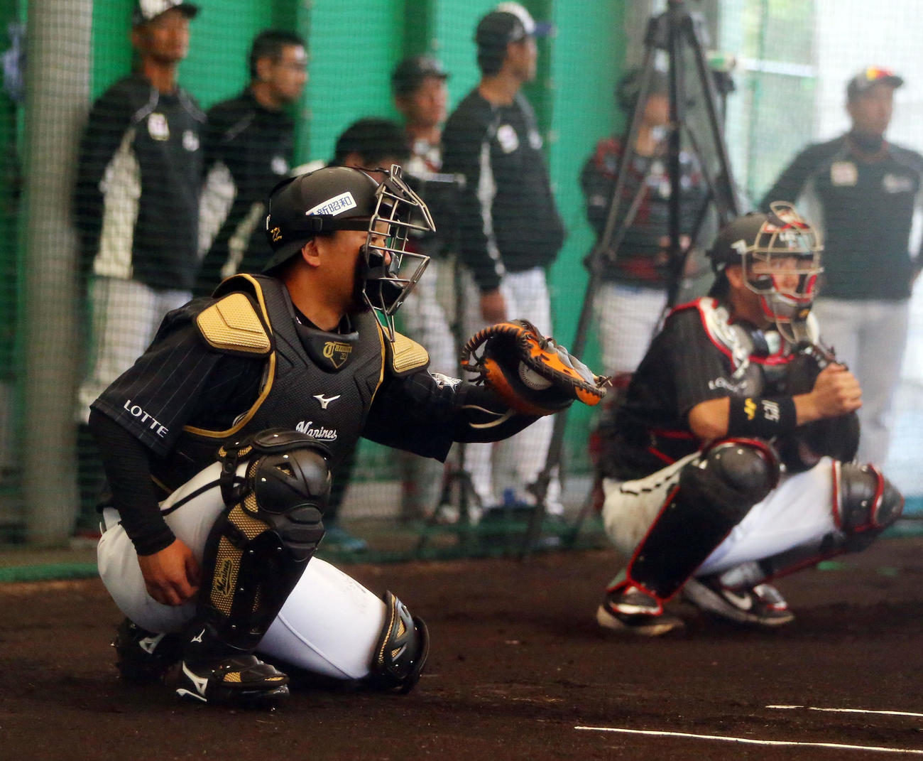 ブルペンでジャクソンの投球を受けるロッテ田村（撮影・垰建太）