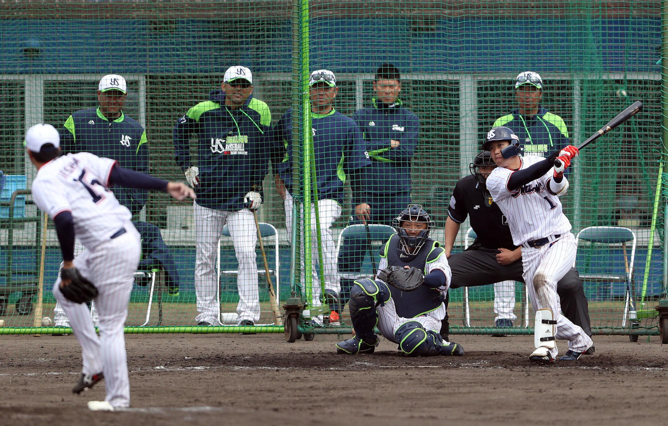 シート打撃で大下から右前打を放つ山田哲（撮影・狩俣裕三）