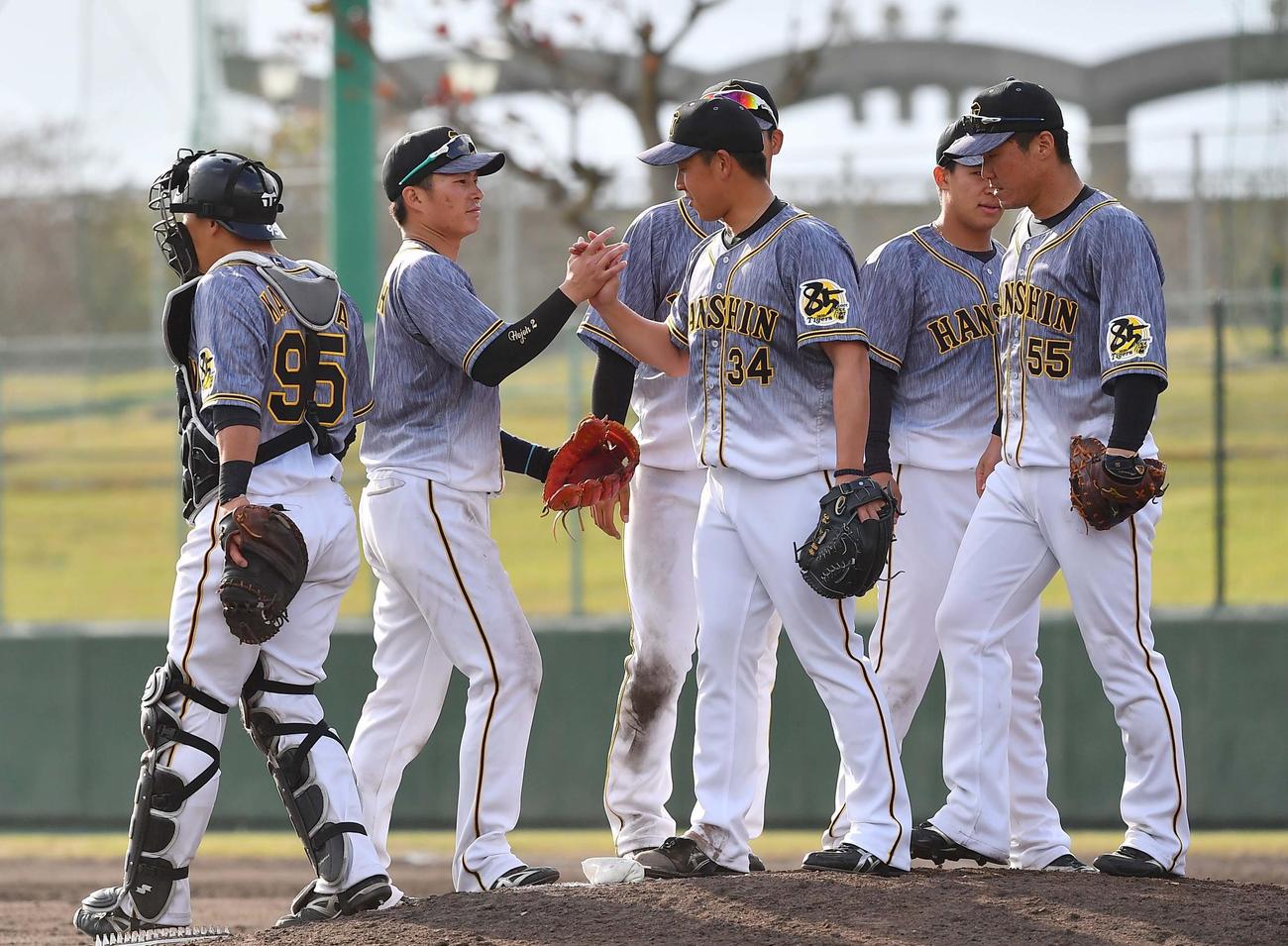 中日対阪神練習試合　中日に勝利しセーブをあげた谷川昌希（中央）とハイタッチする北條史也（左から2人目）（撮影・上田博志）
