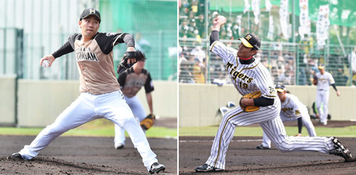 練習試合で力投しともに2回無失点に抑えた左から日本ハム斎藤と阪神藤浪