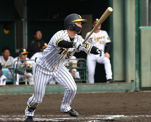 阪神対日本ハム　6回裏阪神1死二塁、右越え2点本塁打を放つ近本（撮影・黒川智章）