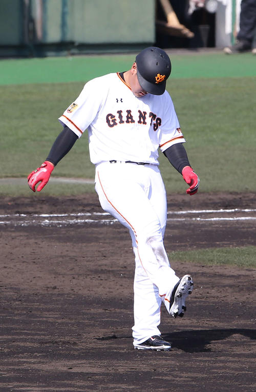 白組対紅組　4回裏白組2死、右飛に倒れ悔しがる岡本（撮影・河野匠）