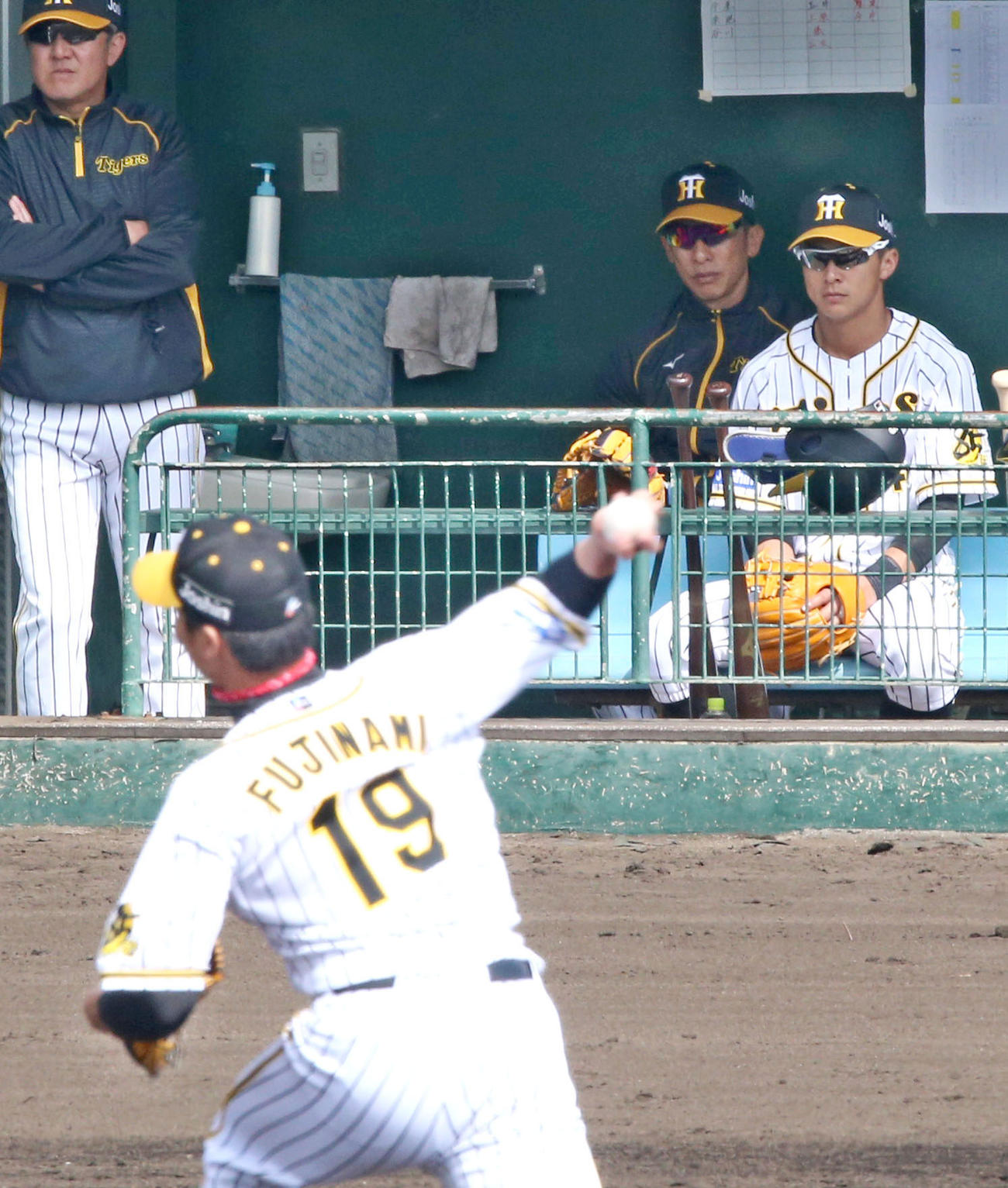 阪神対日本ハム　矢野監督（左から2人目）は藤浪の投球をベンチから見守る（撮影・上山淳一）
