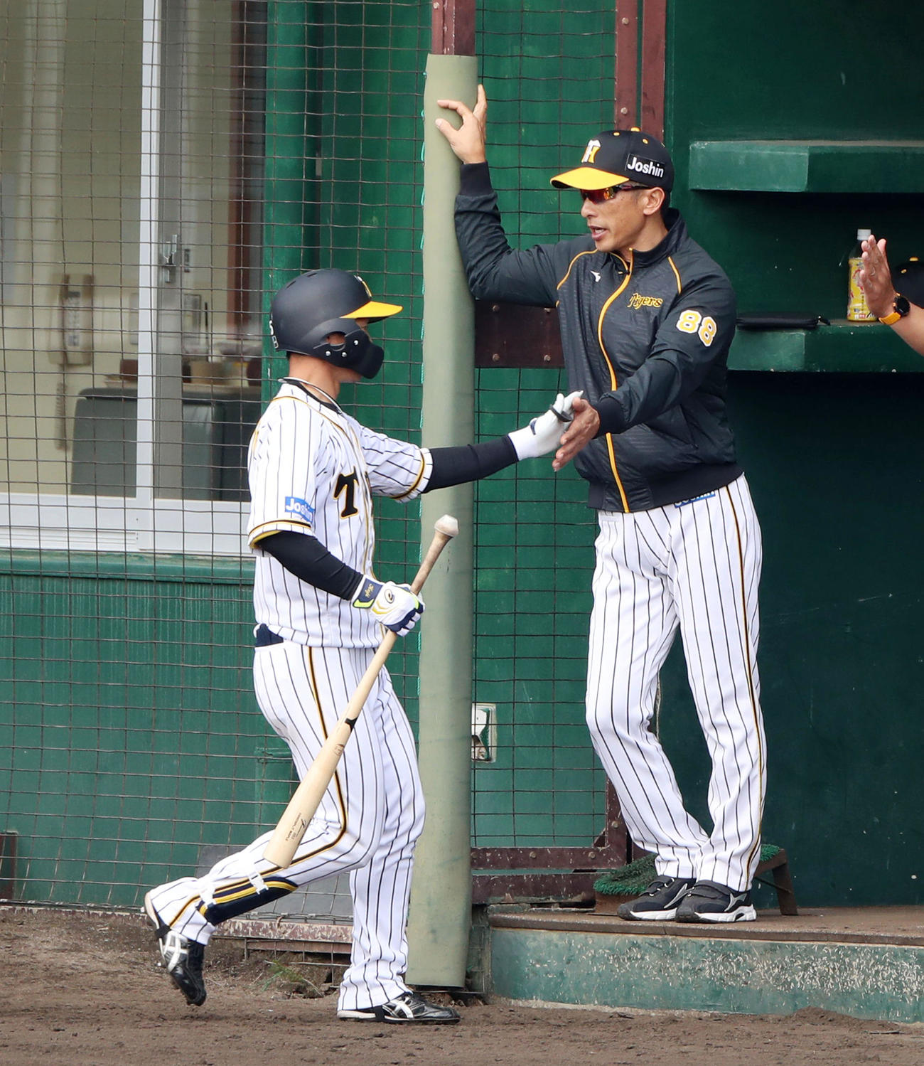 6回裏阪神1死二塁、近本は右越え2点本塁打を放ちベンチの矢野監督（右）とタッチする（撮影・加藤哉）