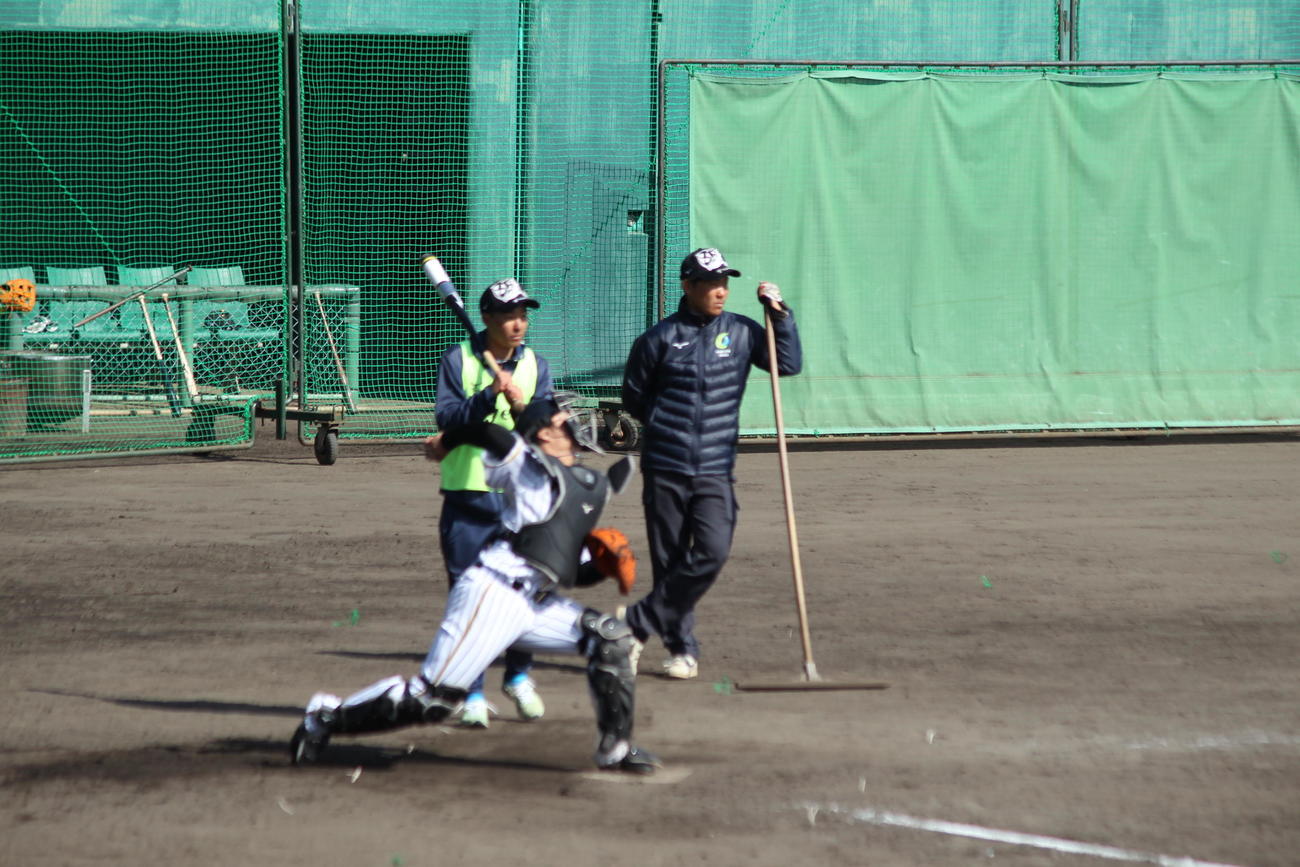 阪神ルーキー藤田が盗塁阻止練習を行い、二塁に送球する