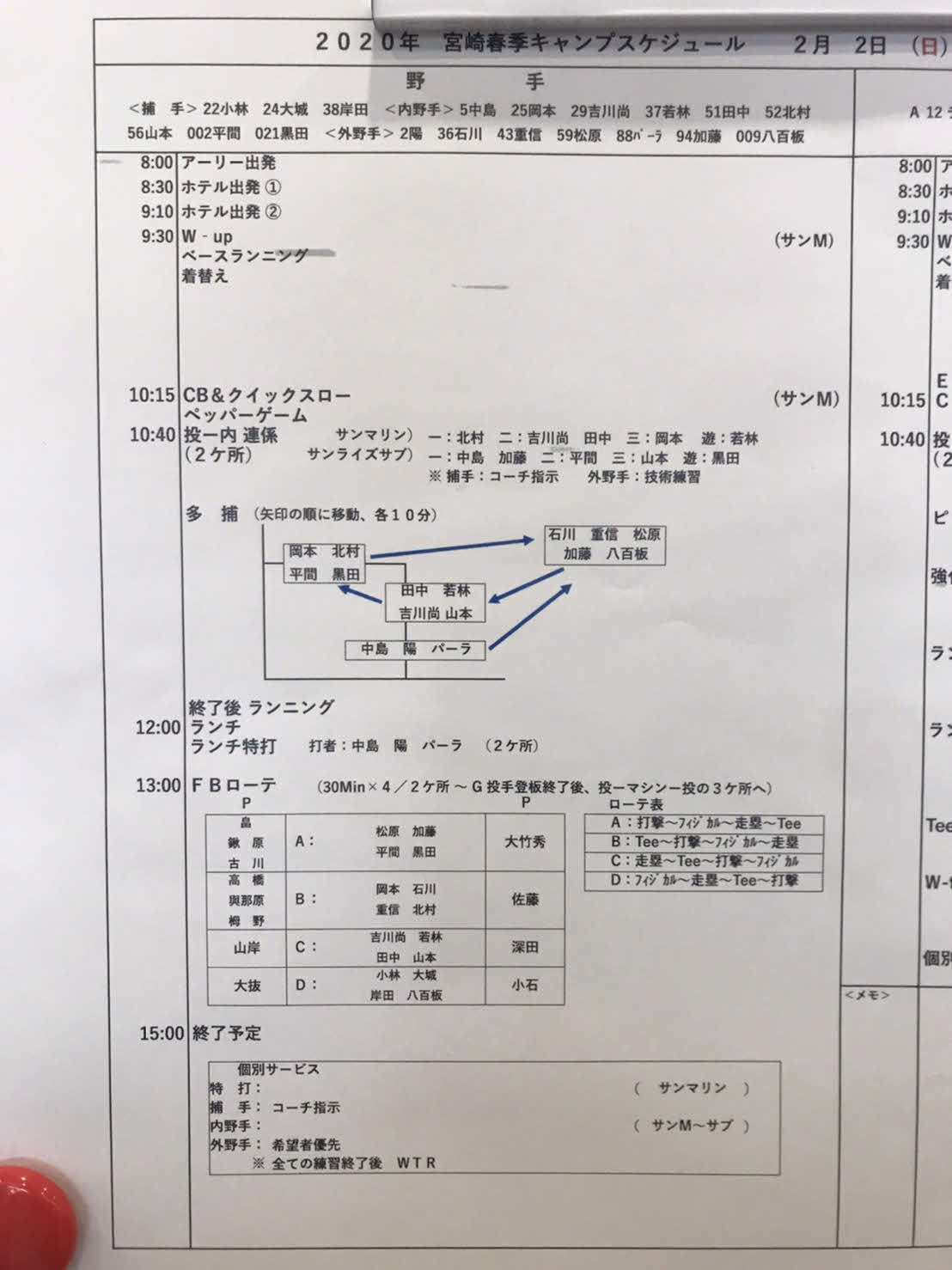 巨人宮崎キャンプ2月2日の野手スケジュール