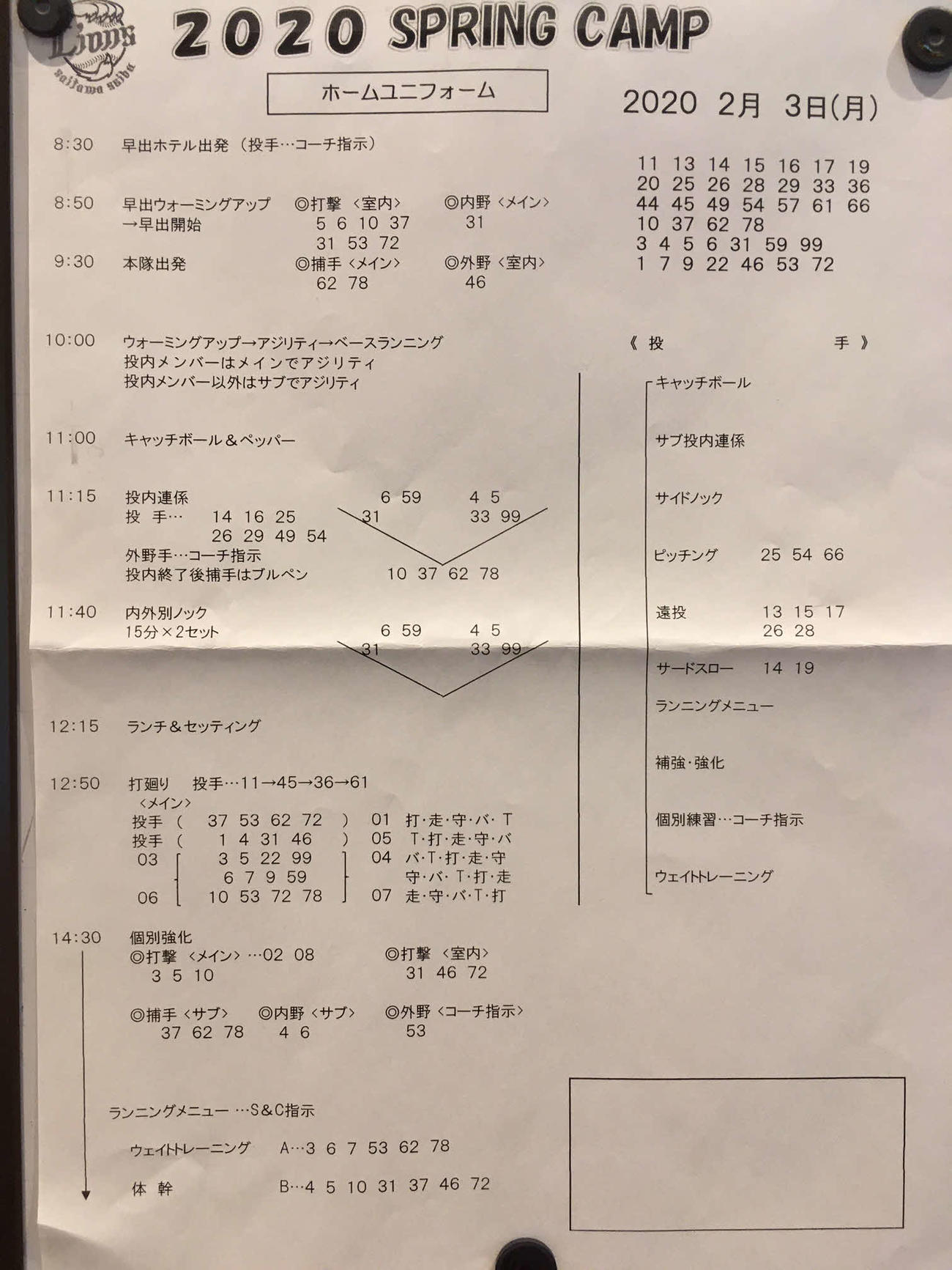 西武の春季キャンプ2月3日の練習メニュー