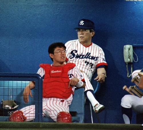 91年7月、巨人戦で野村監督の前に座るヤクルト古田