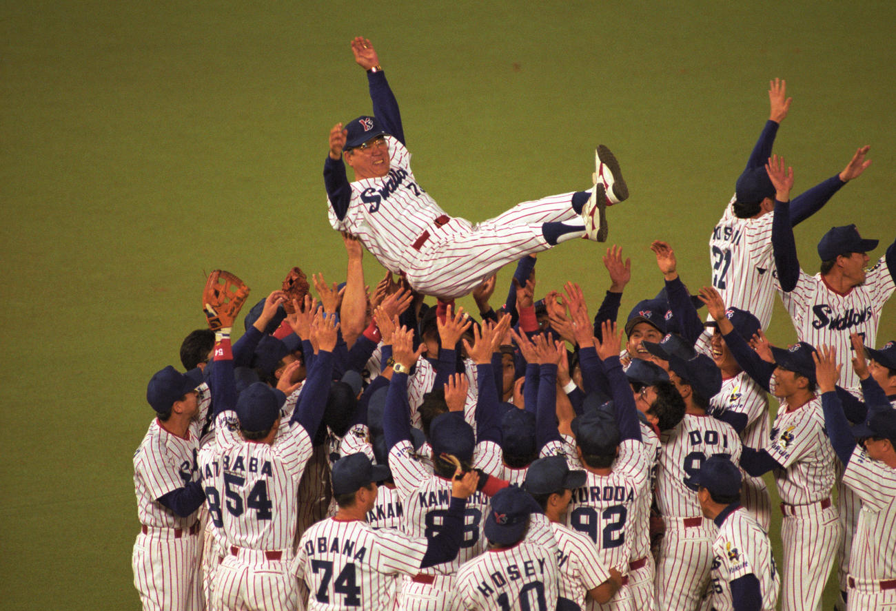 日本シリーズヤクルト優勝　ヤクルト対西武　　胴上げで宙に舞うヤクルト野村克也監督（1997年10月23日）