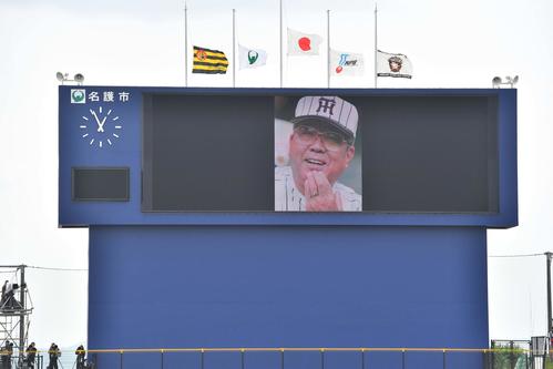 日本ハム対阪神練習試合　バックスクリーンには野村克也氏の笑顔が映しだされた（撮影・上田博志）