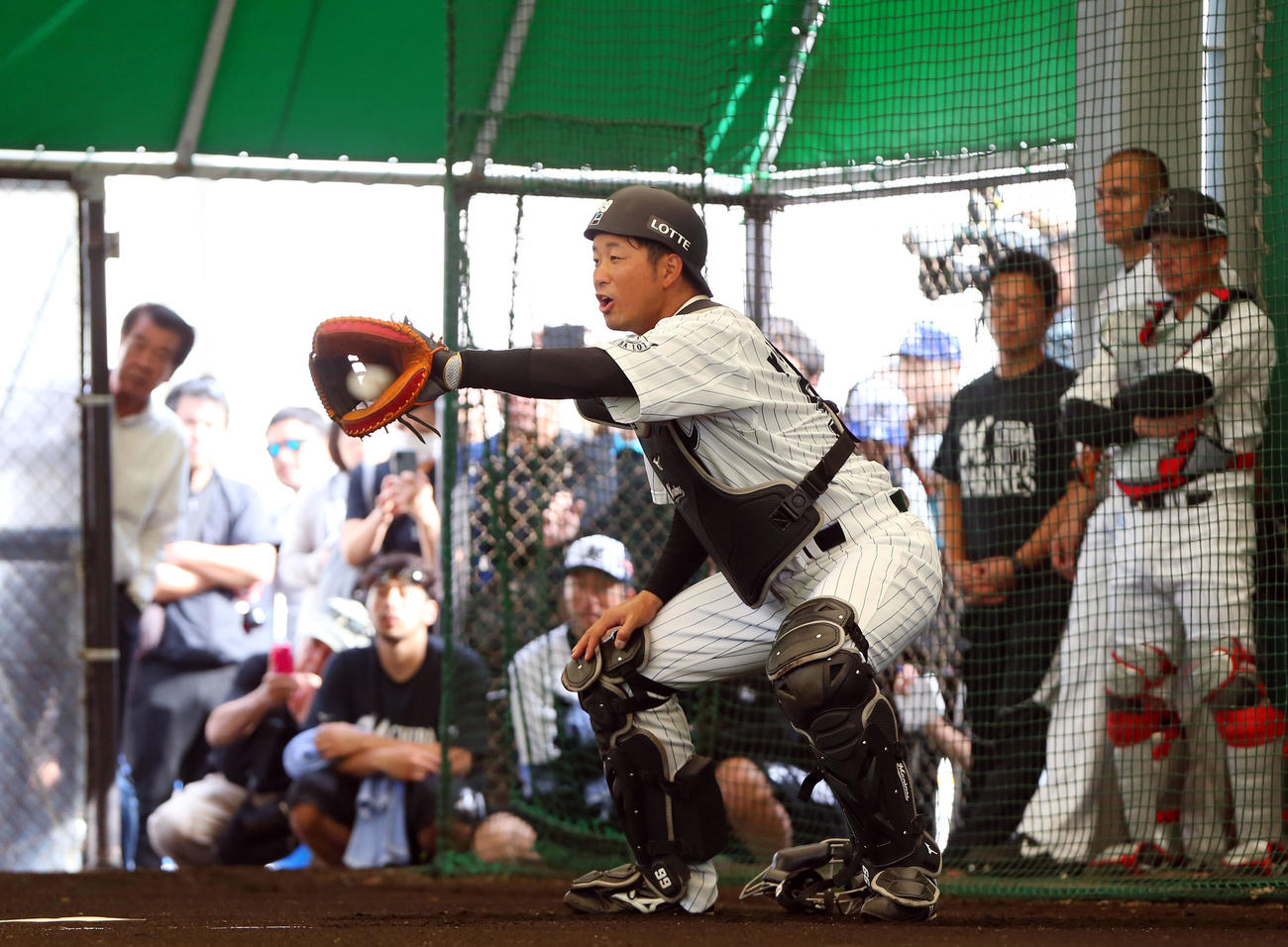 プロ入り初ブルペンのロッテ佐々木朗希の投球を中腰姿勢で受ける柿沼（撮影・垰建太）