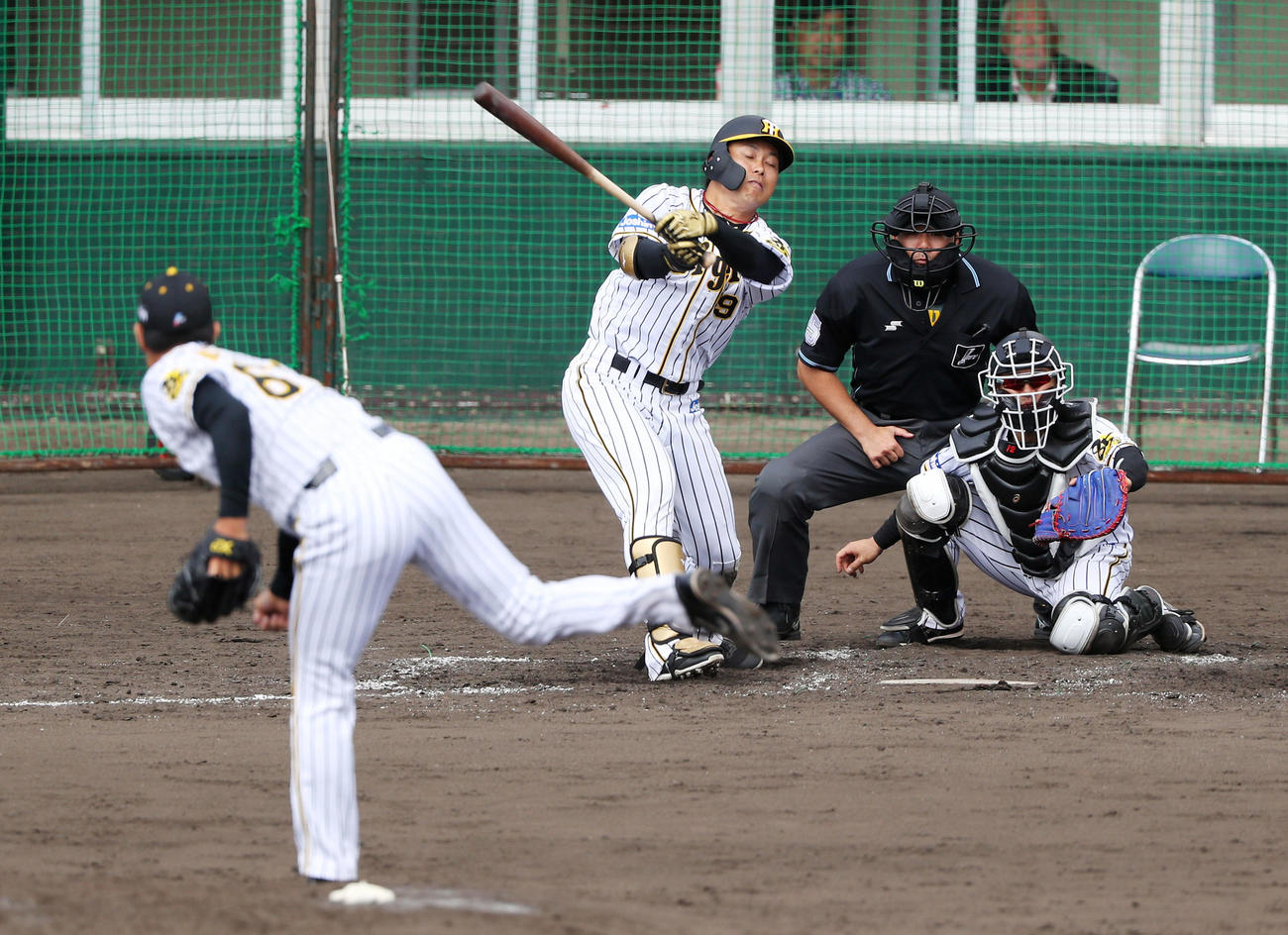 シート打撃で高山俊を空振り三振に仕留める望月（撮影・前田充）