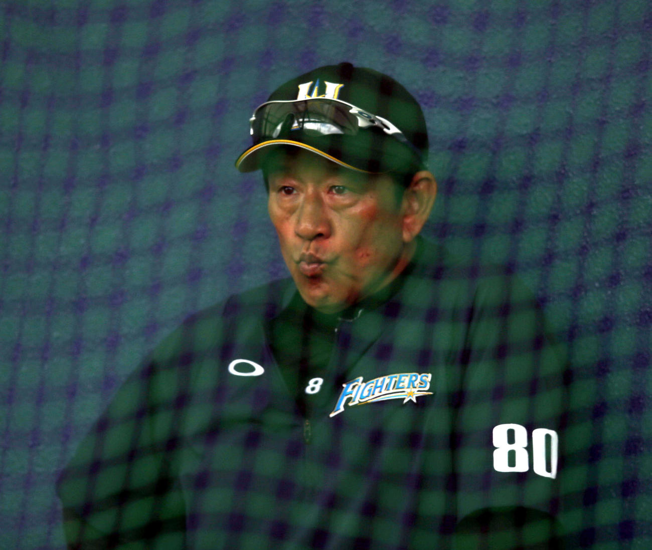 ブルペンで選手たちの投球を見つめる日本ハム栗山監督（撮影・佐藤翔太）