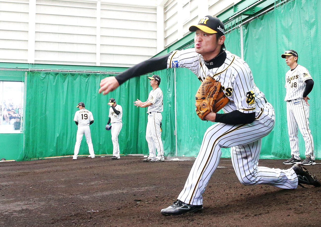 ブルペンで投球練習をする中田（手前）ら阪神投手陣、右は矢野監督（撮影・上山淳一）
