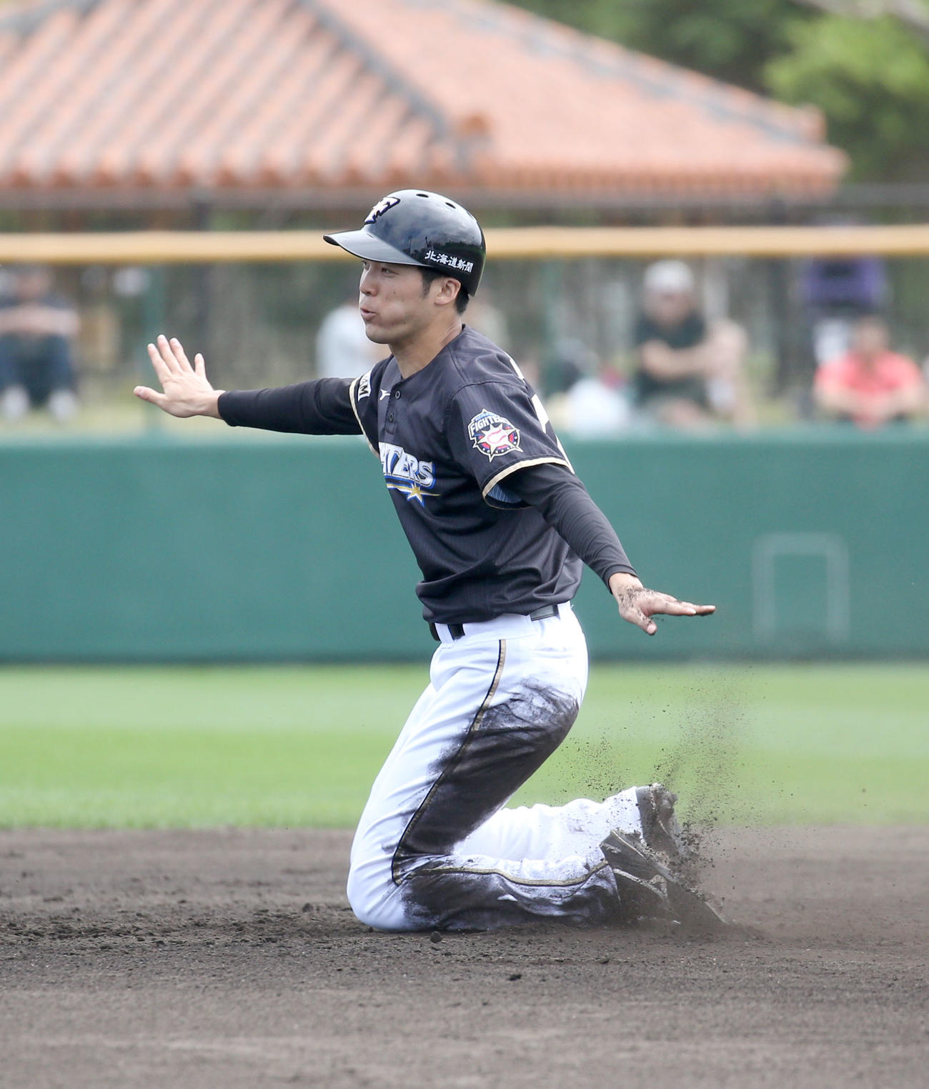 紅組対白組　3回表紅組2死一塁、二盗を決める日本ハム片岡（撮影・佐藤翔太）