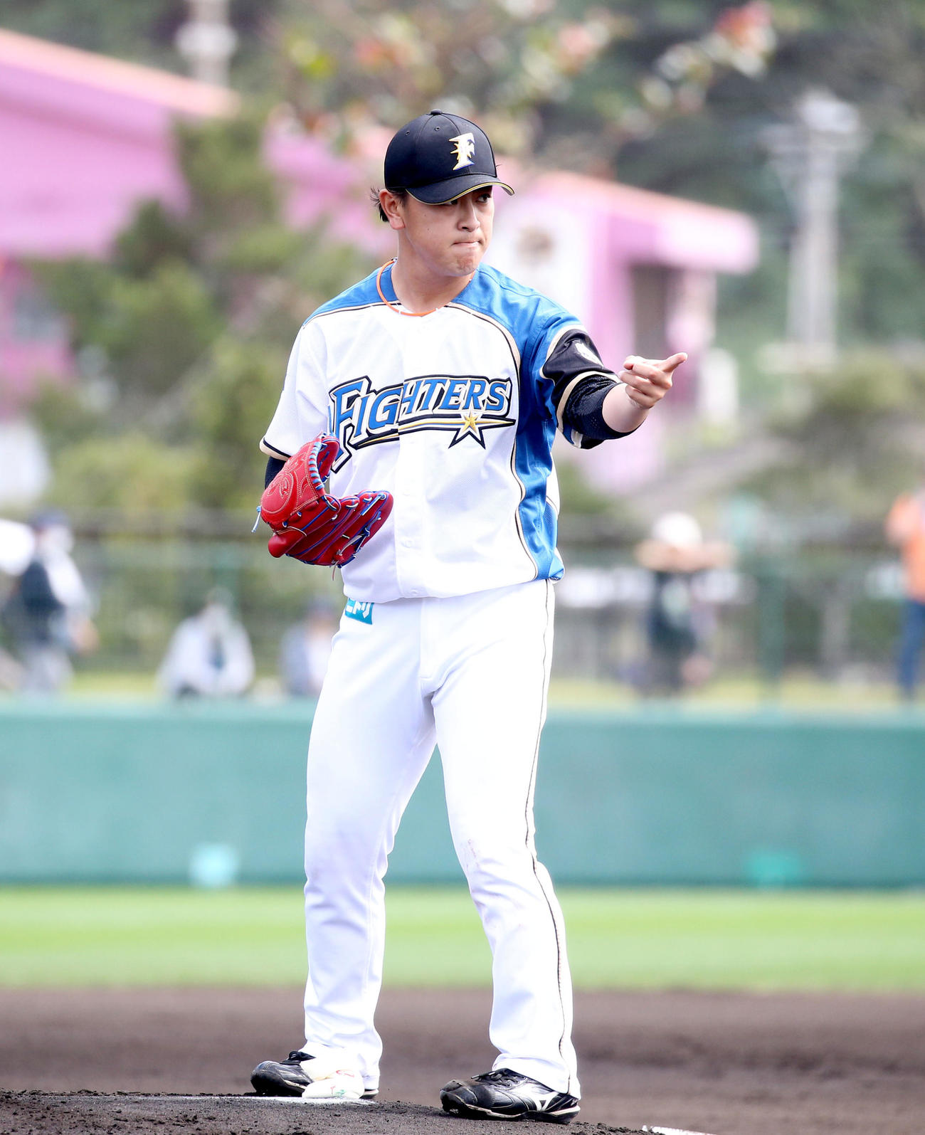 紅組対白組　1回表紅組1死、日本ハム石井を遊ゴロに仕留めナインを指差す河野（撮影・佐藤翔太）