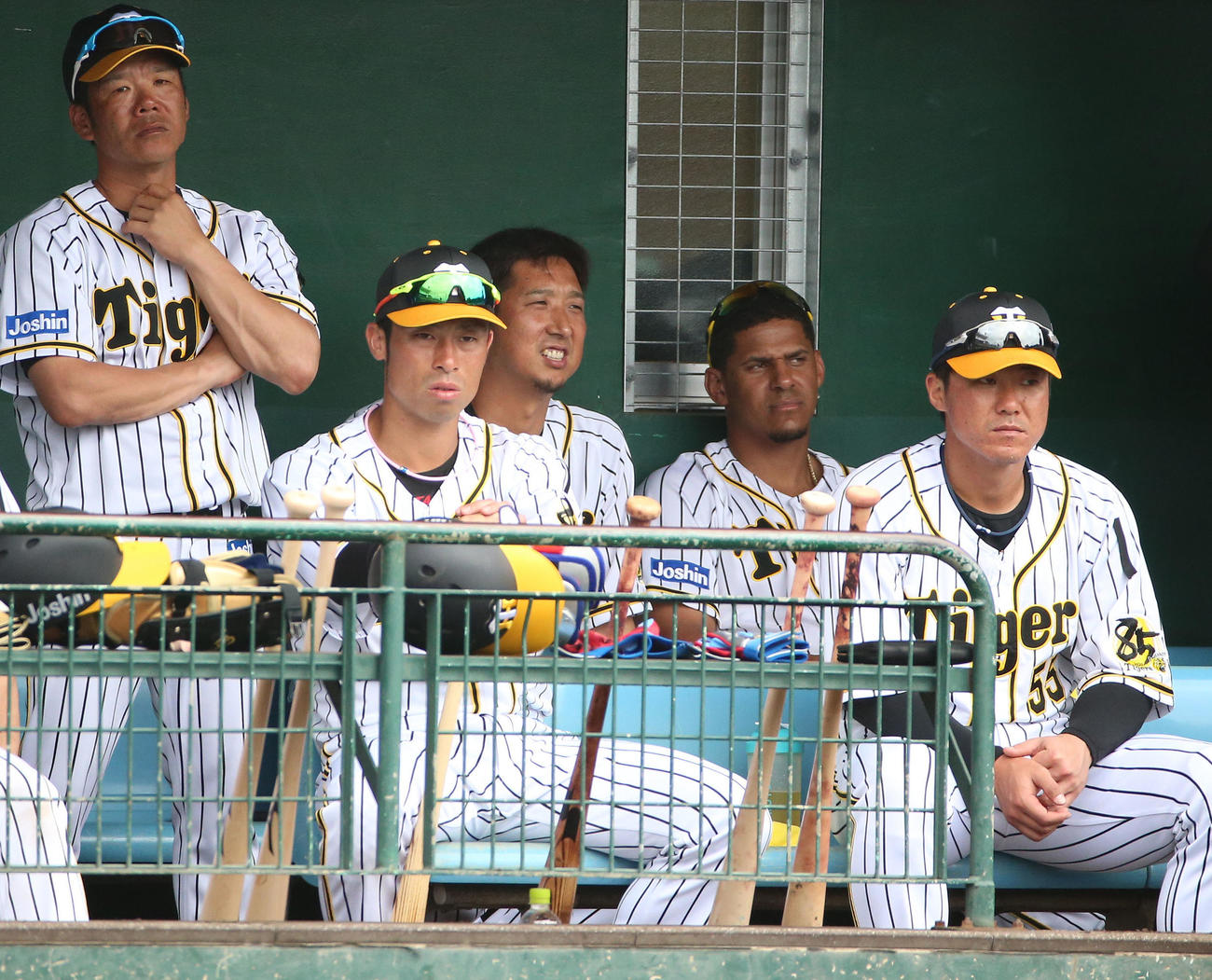 練習試合阪神対広島　藤川（左から3人目）はベンチから試合を見る（撮影・上山淳一）