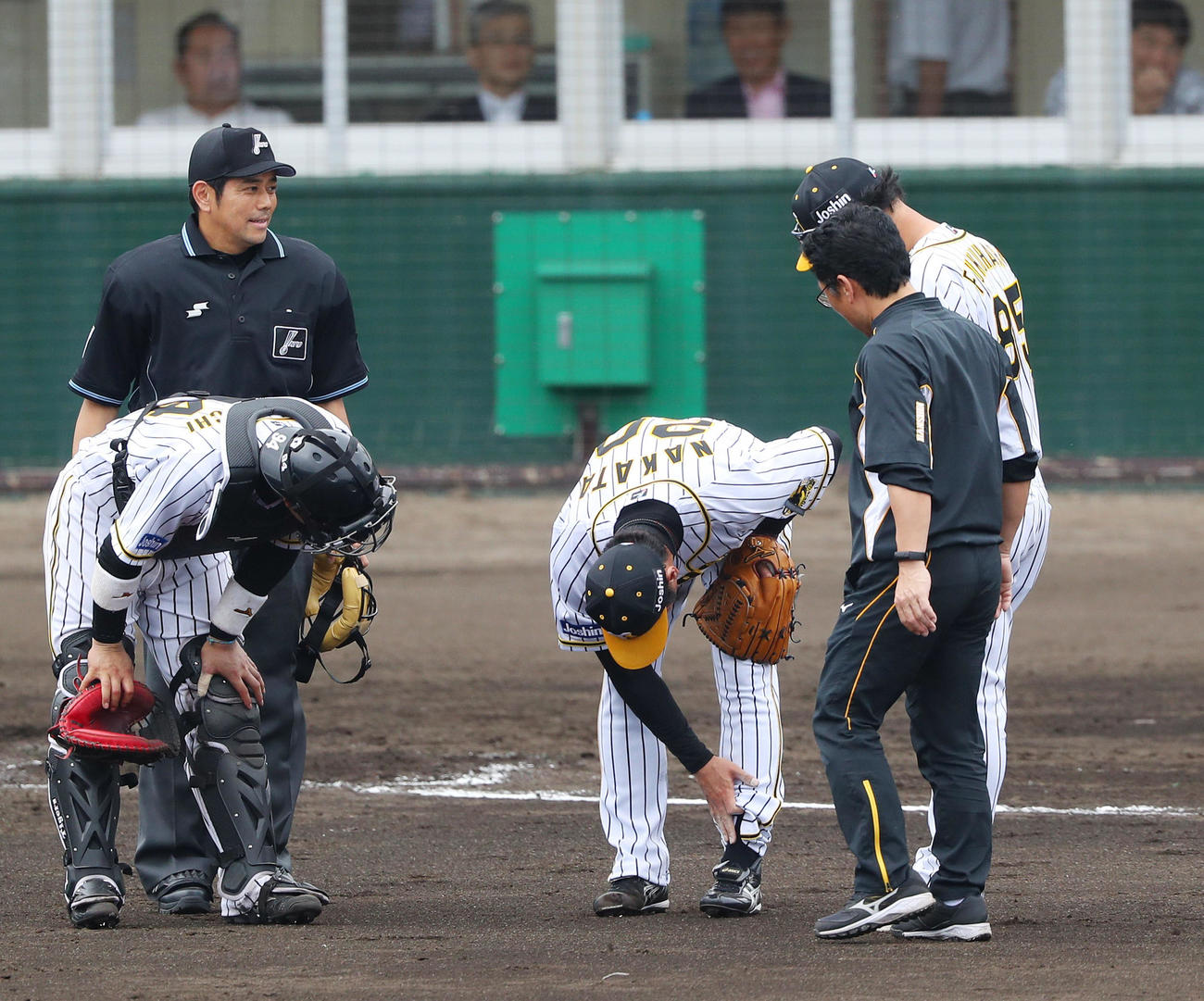 4回表広島2死一塁、堂林の打球が当たった足をさわる中田（中央）（撮影・前田充）