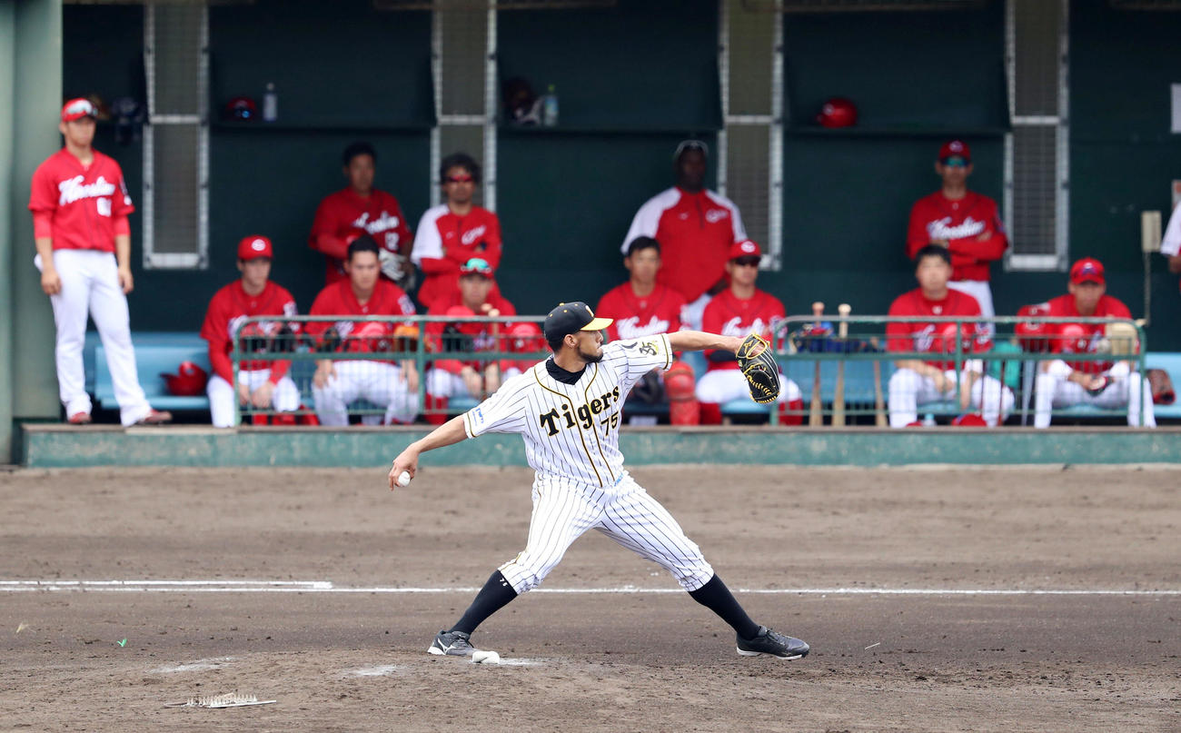 練習阪神対広島　4回表、中田が打球を受け降板し緊急登板したスアレス（撮影・加藤哉）