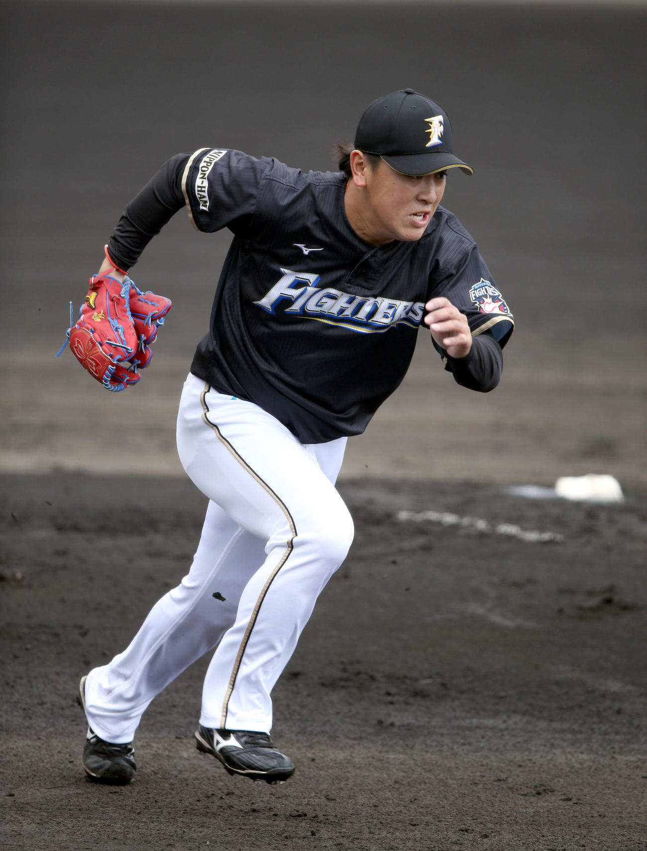 投内連携で一塁にベースカバーに入る日本ハム河野（撮影・佐藤翔太）