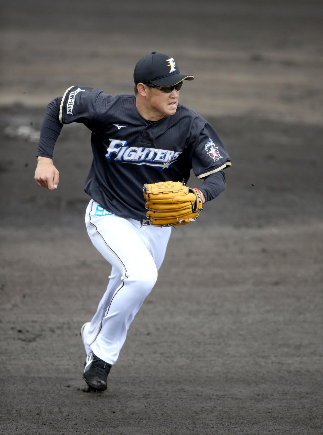 投内連係で一塁にベースカバーに入る日本ハム鈴木健（撮影・佐藤翔太）
