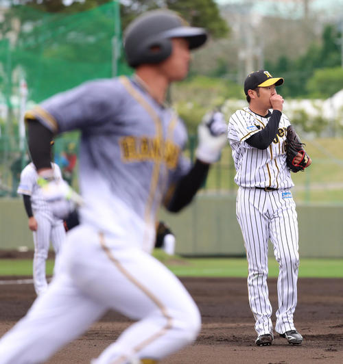 阪神紅白戦 1回表紅組1死、近本光司に右越え本塁打を浴びる西勇輝(撮影・清水貴仁)
