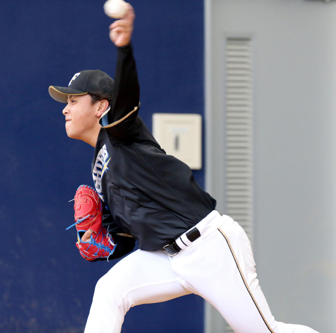 日本ハム対サムスン　ブルペンで投球する日本ハム河野（撮影・佐藤翔太）