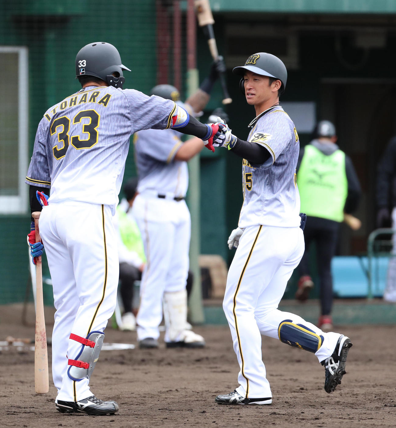 紅白戦　1回表紅組1死、右越え先制本塁打を放ち生還する近本光司（撮影・清水貴仁）