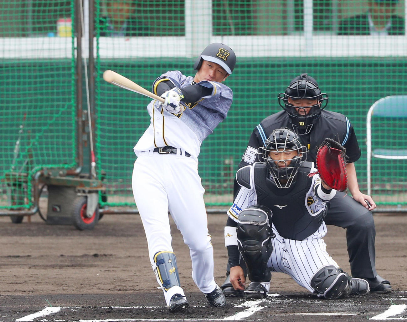 1回表紅組1死、近本は西勇から右越え本塁打を放つ（撮影・前田充）