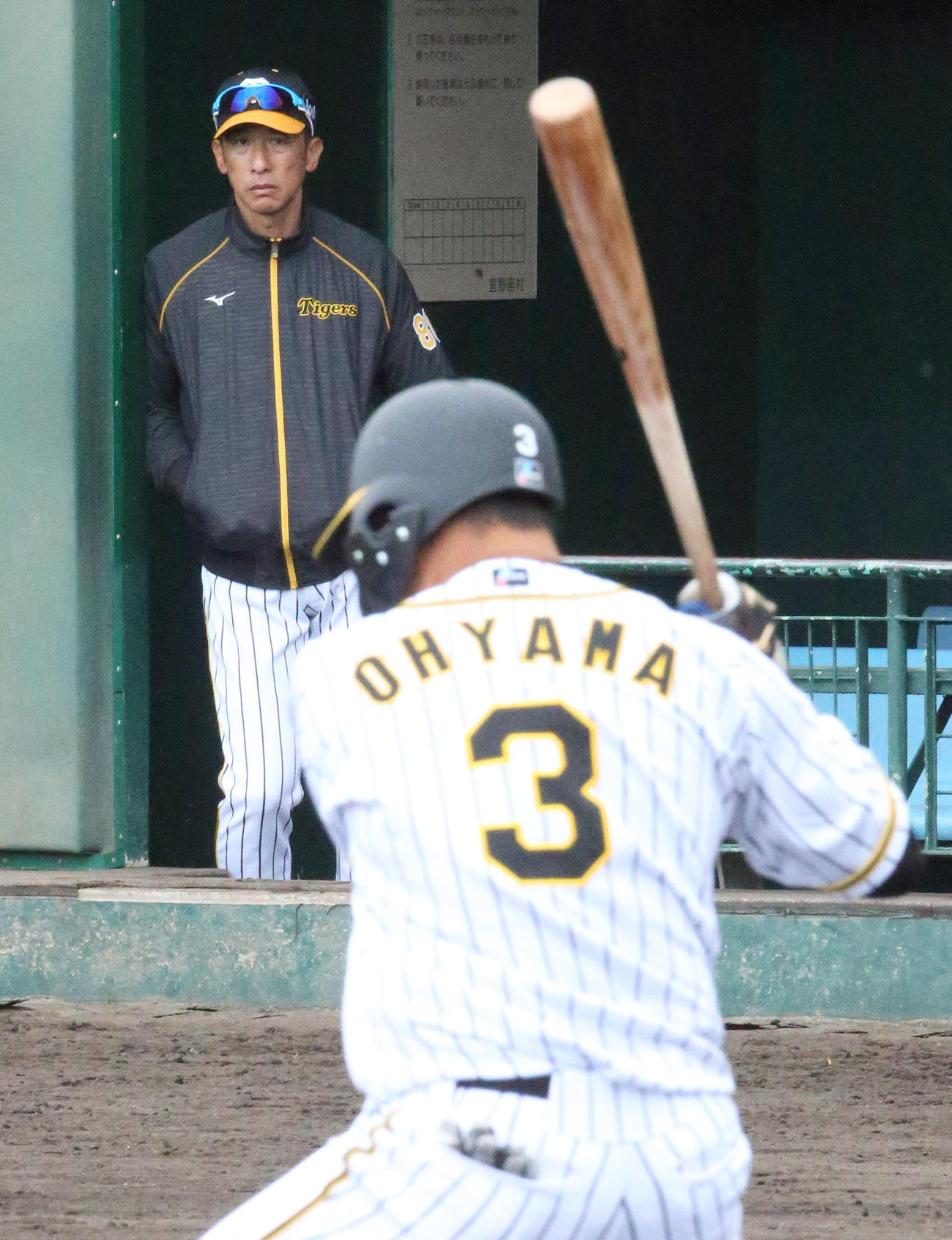 紅白戦で大山（手前）を見つめる矢野監督（撮影・上山淳一）