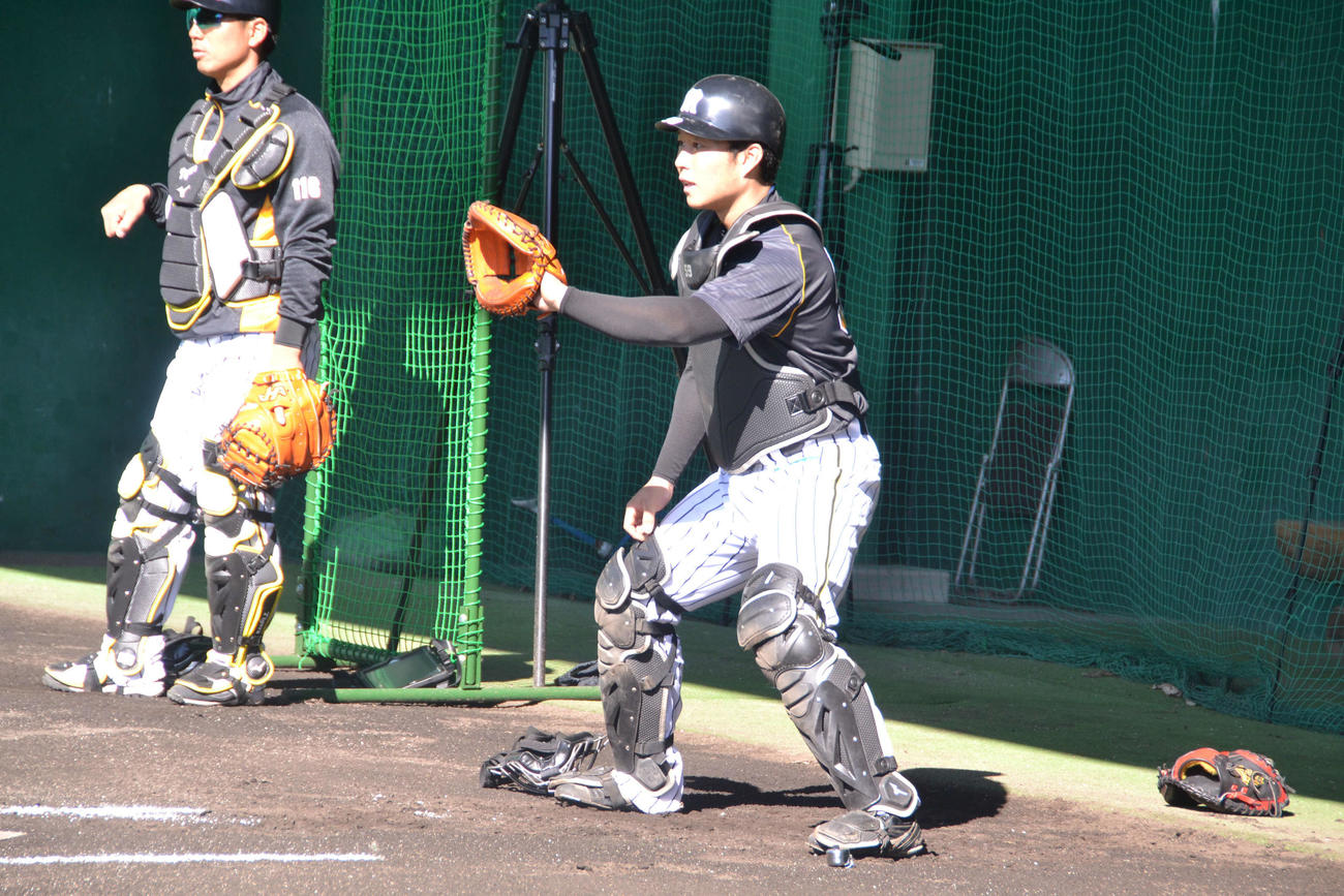 ブルペンで同期の及川の球を受ける藤田（右）